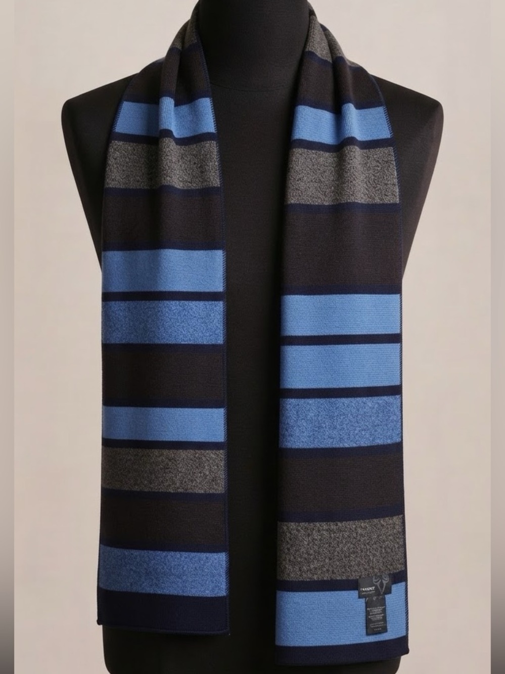 VINCENT Made In Quebec Striped Knit Scarf Blue Brown Wool Blend
